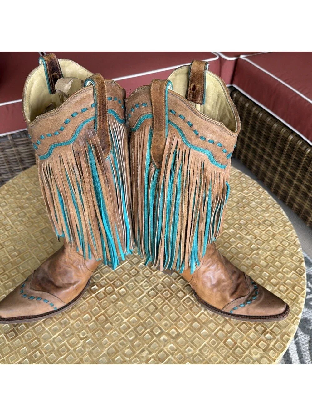 Corral Vintage Fringe Leather Tan & Turquoise Women’s Size 10M Cowboy Boots
